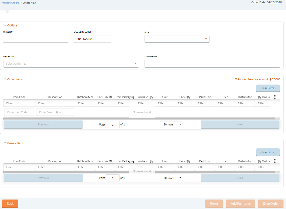 create new orders form